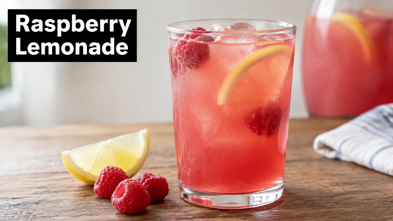 A refreshing glass of pink raspberry lemonade garnished with fresh raspberries and a lemon wedge on wood.