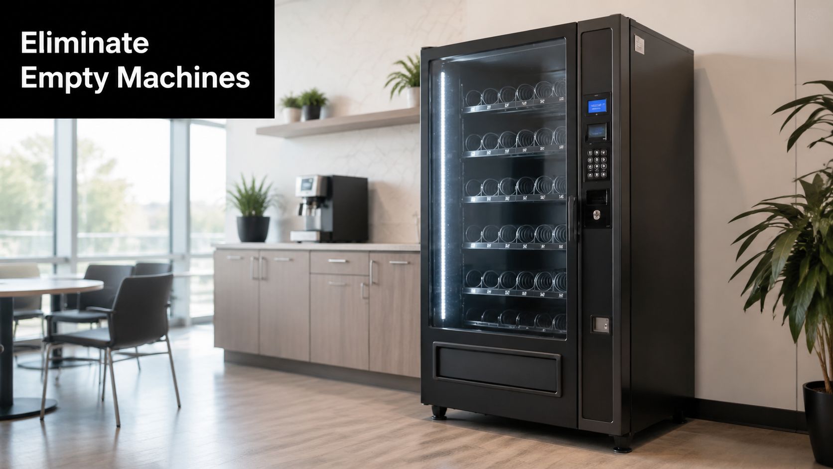 A modern black vending machine placed in a bright, contemporary office break room area.