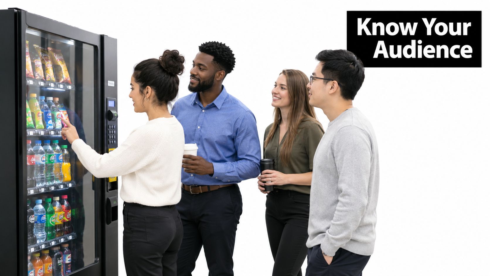 Four diverse office colleagues gathering around a modern vending machine to choose their favorite beverages.