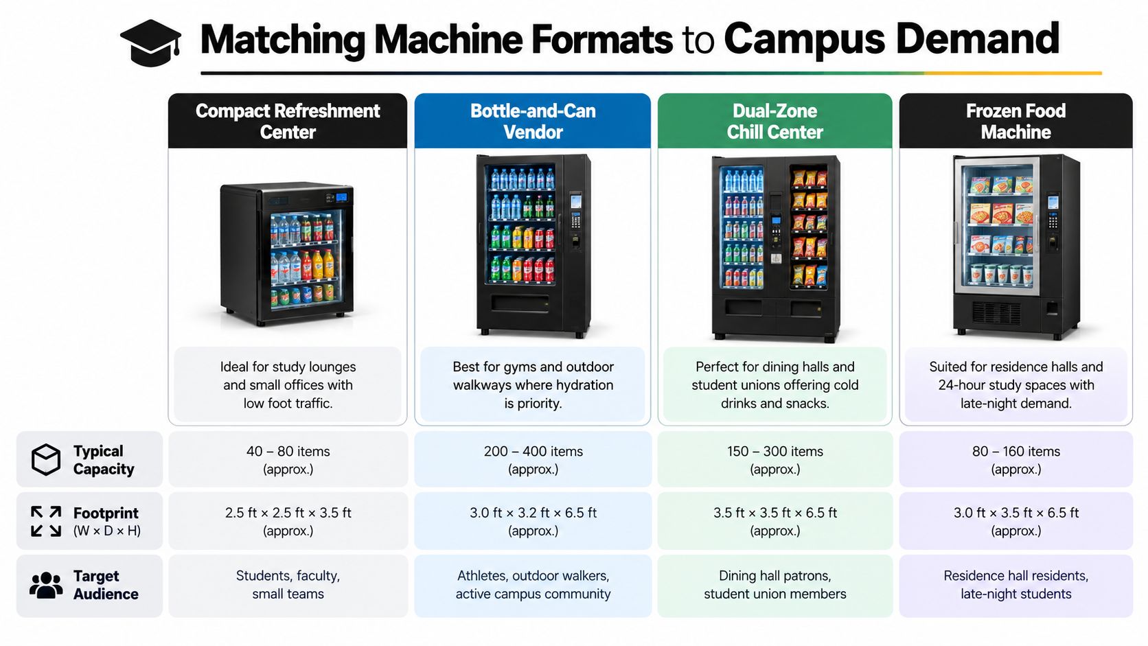 A chart showing four different types of vending machines for campus locations with their specifications and target audiences.