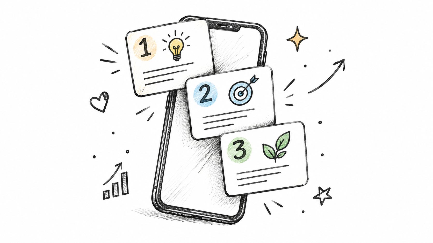 A hand-drawn illustration showing a smartphone with three numbered steps labeled one, two, and three.