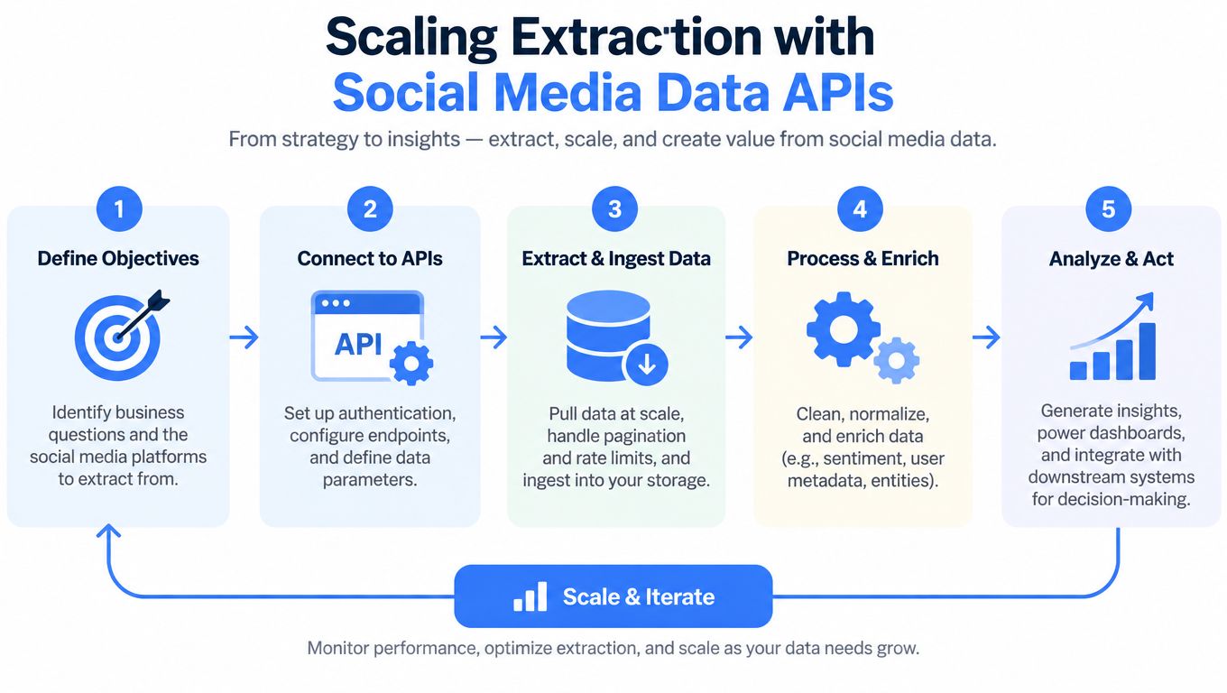 A five-step flowchart explaining the process of scaling social media data extraction using various APIs.