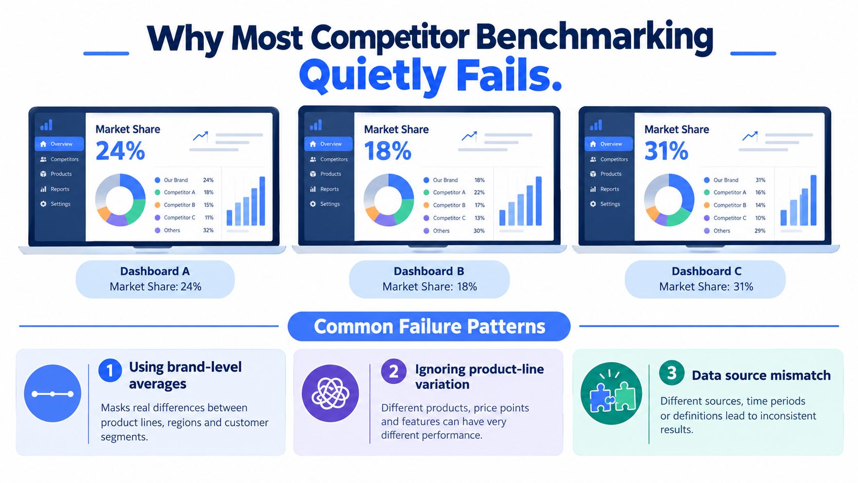 A diagram illustrating why competitor benchmarking fails, showing inconsistent dashboards and three common data analysis pitfalls.