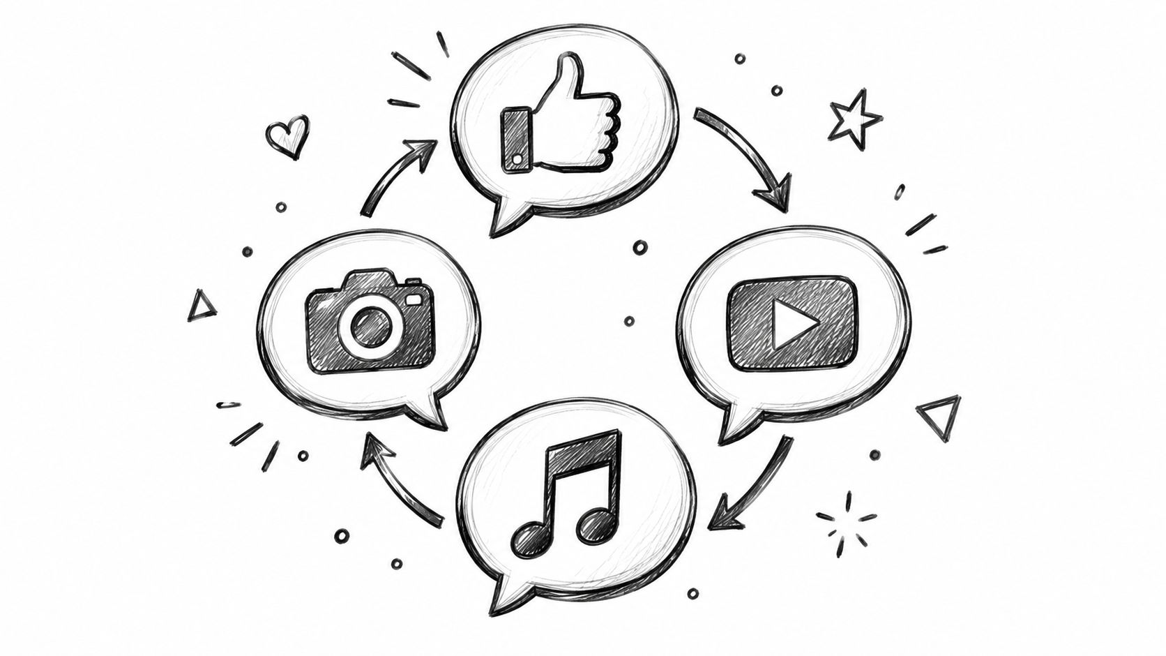 Hand-drawn sketch of social media icons including a thumb, camera, play button, and music note in bubbles.