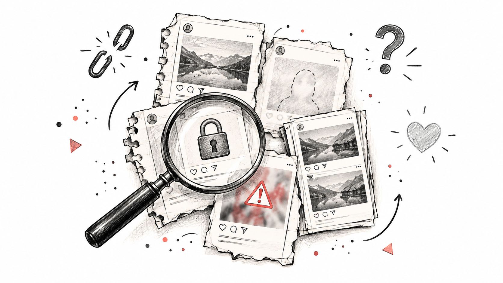 A magnifying glass focused on a locked padlock over various Instagram social media post drafts.