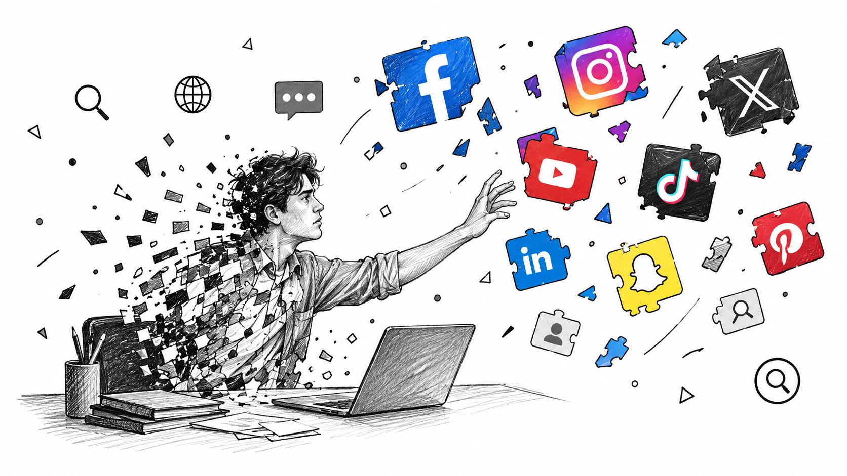 A digital illustration showing a person disintegrating into digital pixels while reaching toward floating social media icons.