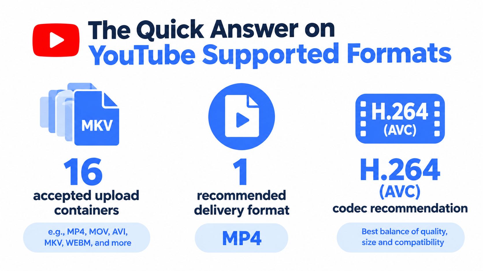An infographic showing that YouTube supports 16 video containers, with MP4 as the recommended delivery format using H.264.