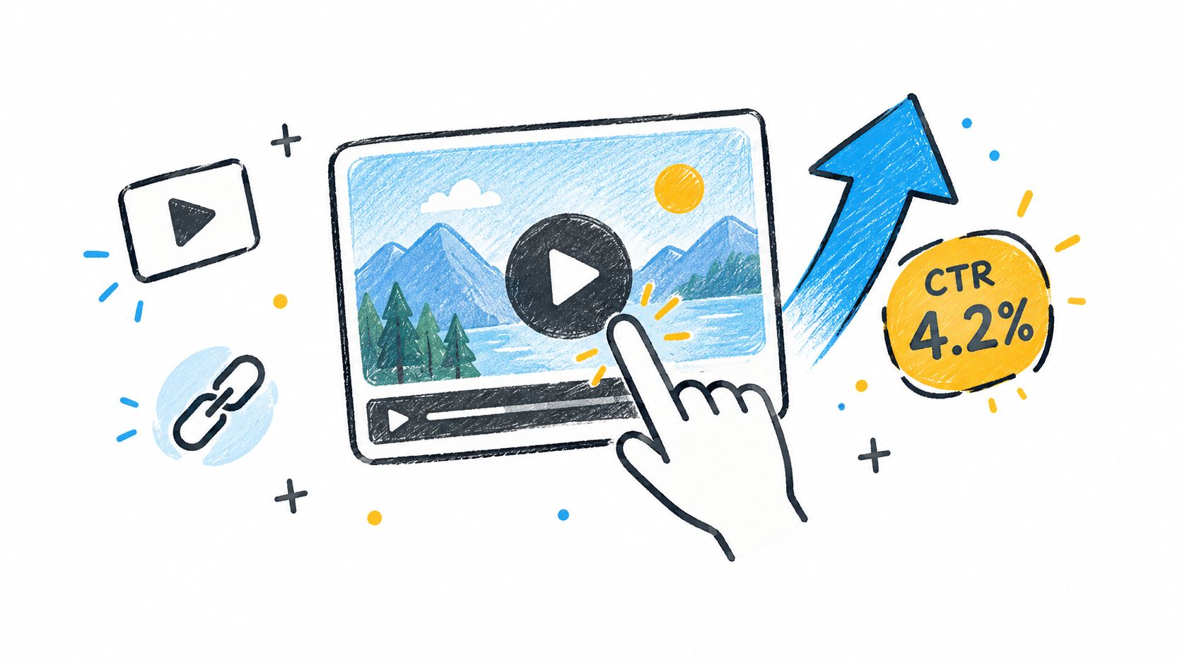 A hand clicking a video player illustration with an upward arrow and a 4.2 percent CTR badge.