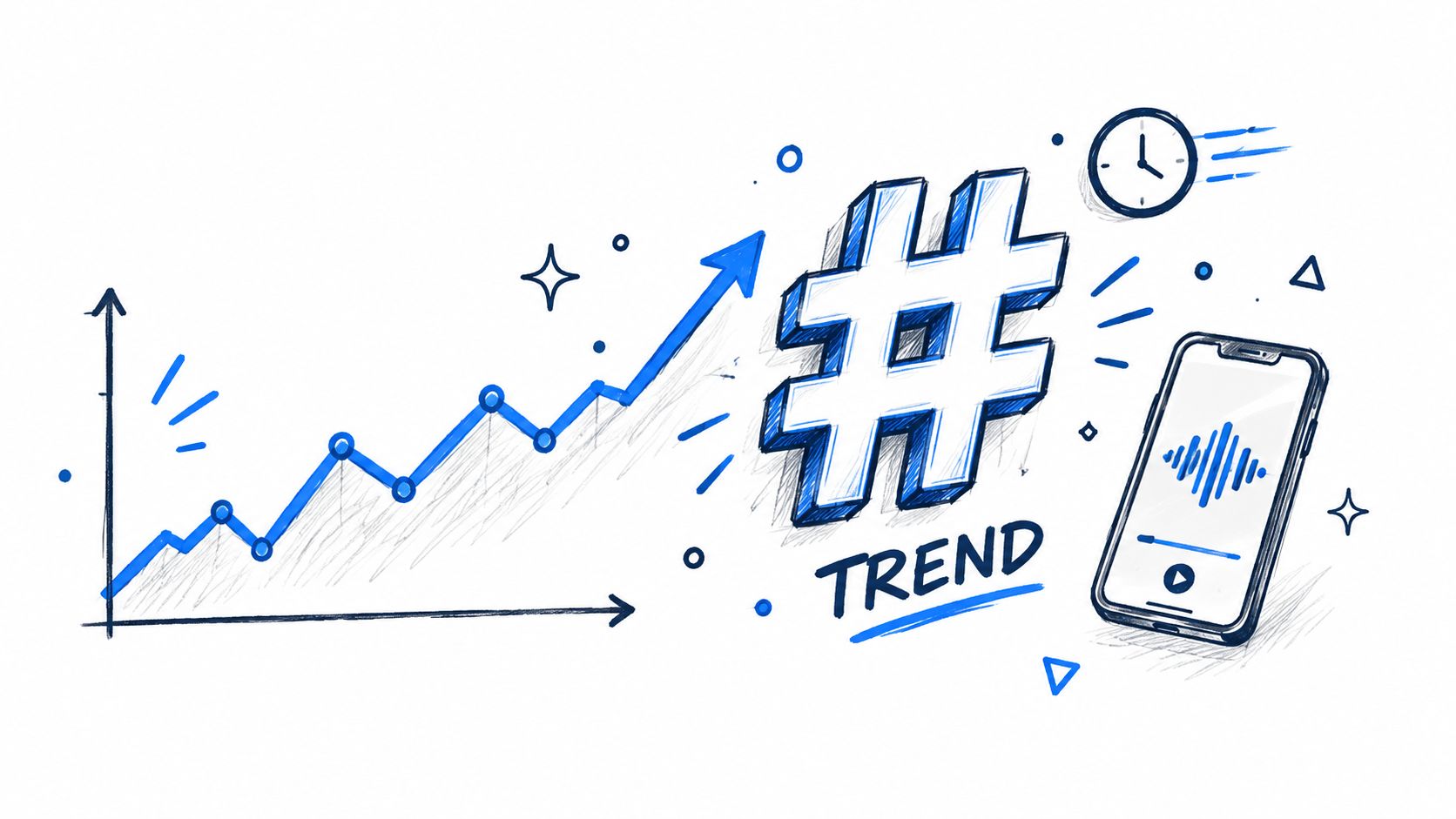 A hand-drawn illustration showing an upward trending graph, a hashtag symbol, and a smartphone displaying audio waveforms.