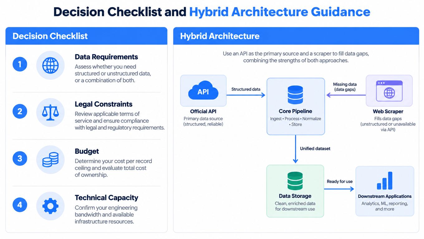A decision checklist and flowchart comparing official APIs and web scrapers for hybrid data collection architecture.