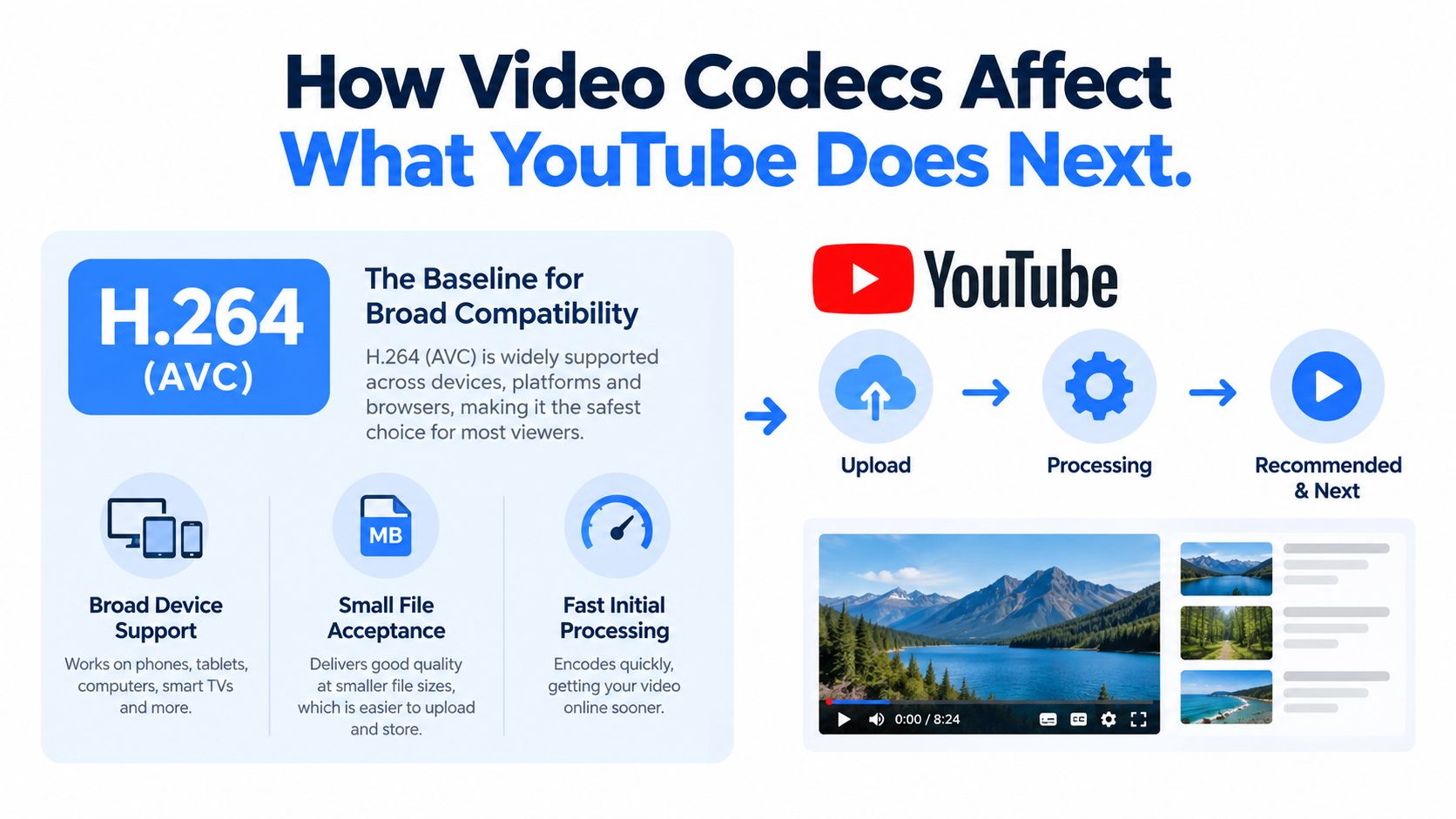 An infographic explaining how H.264 video codec affects YouTube processing for broad device compatibility and performance.