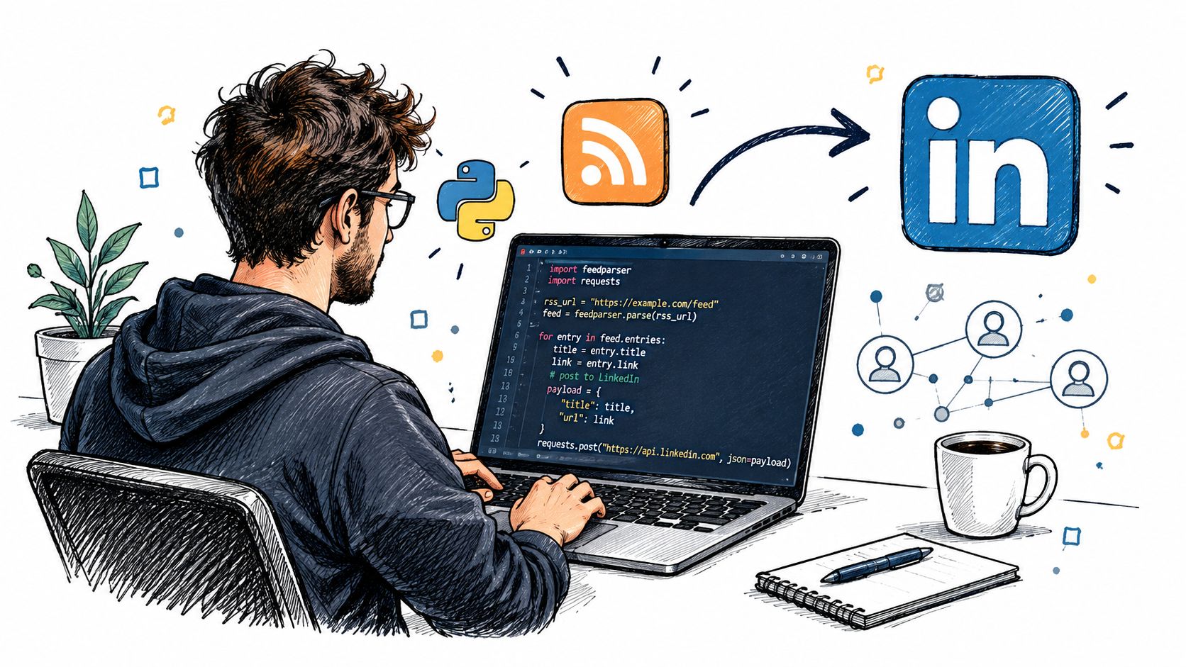A developer coding in Python to automate sharing RSS feed content on a LinkedIn professional social media profile.