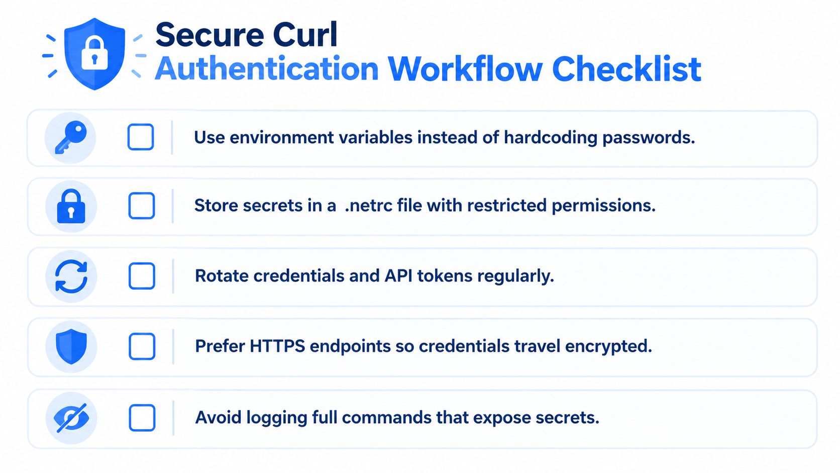 A Secure Curl Authentication Workflow checklist infographic featuring five best practices for protecting credentials and secrets.