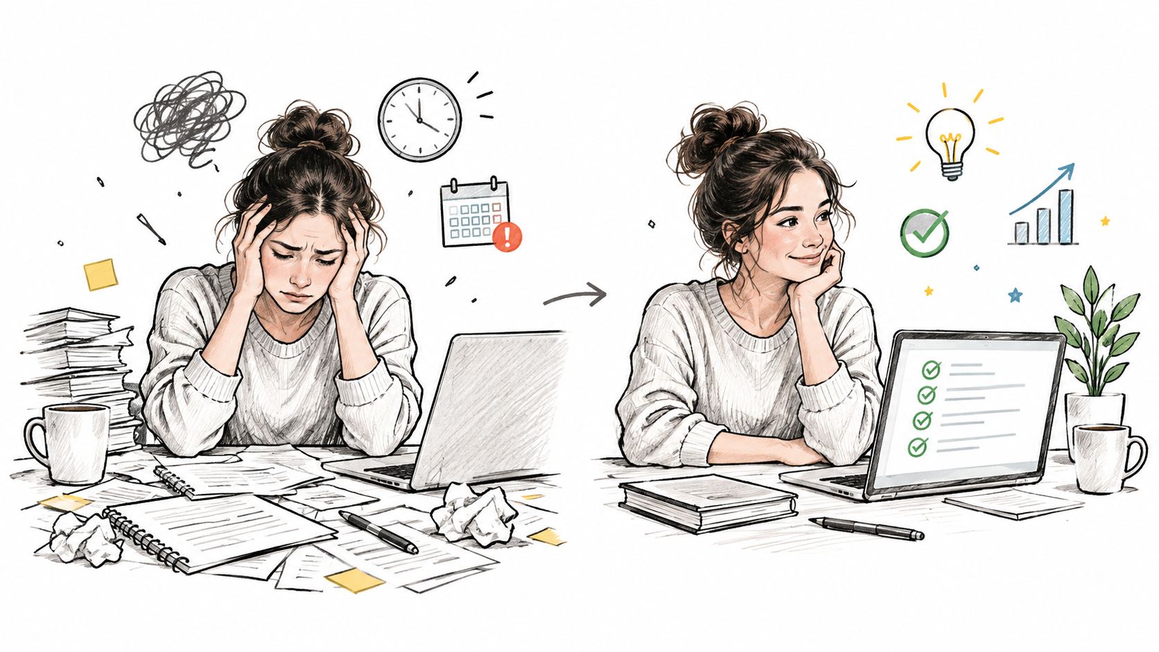 A woman transitions from a stressed, cluttered workspace to an organized, productive, and happy state of mind.