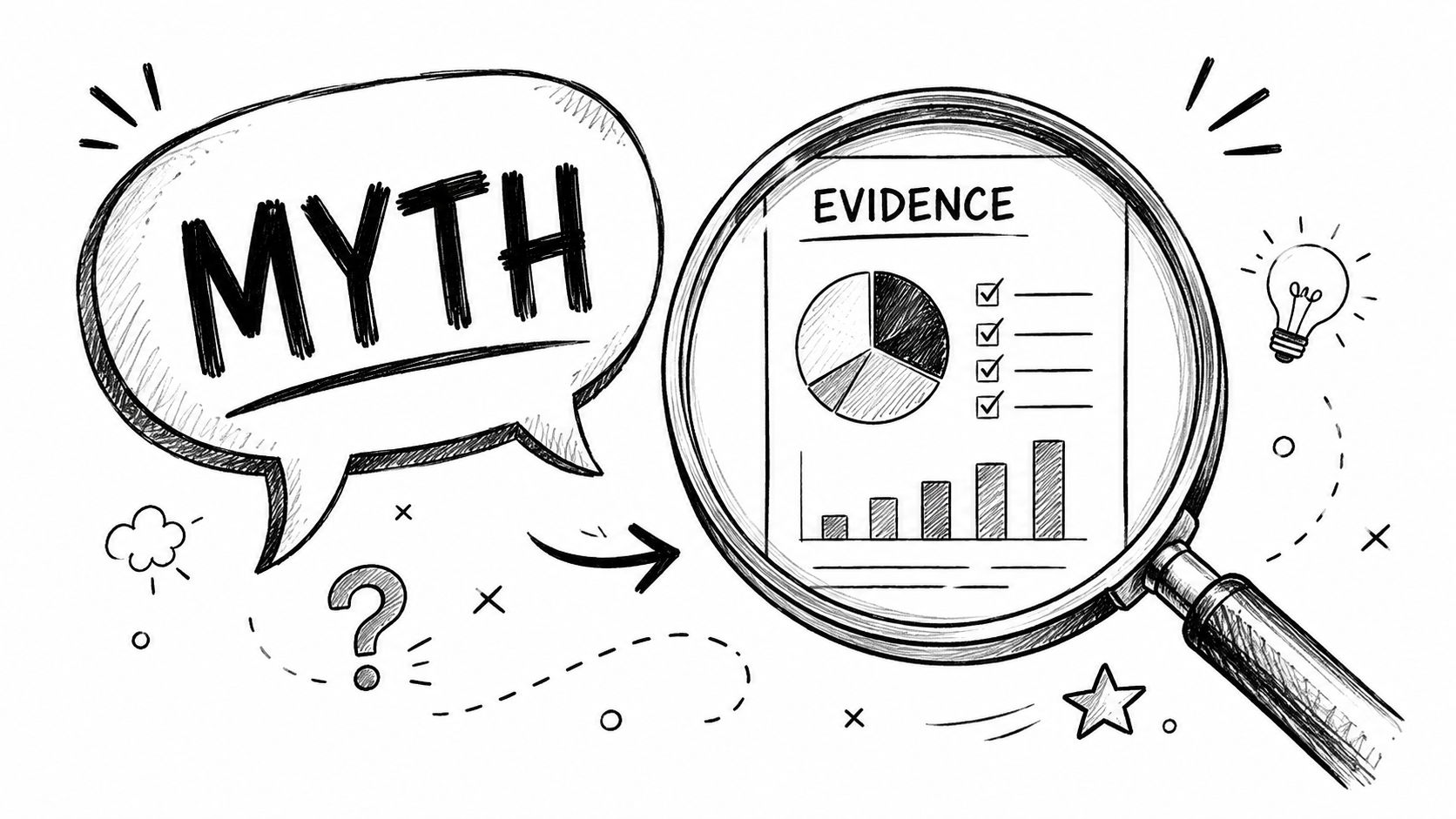 A hand-drawn illustration showing a speech bubble with the word MYTH pointing to a magnifying glass.