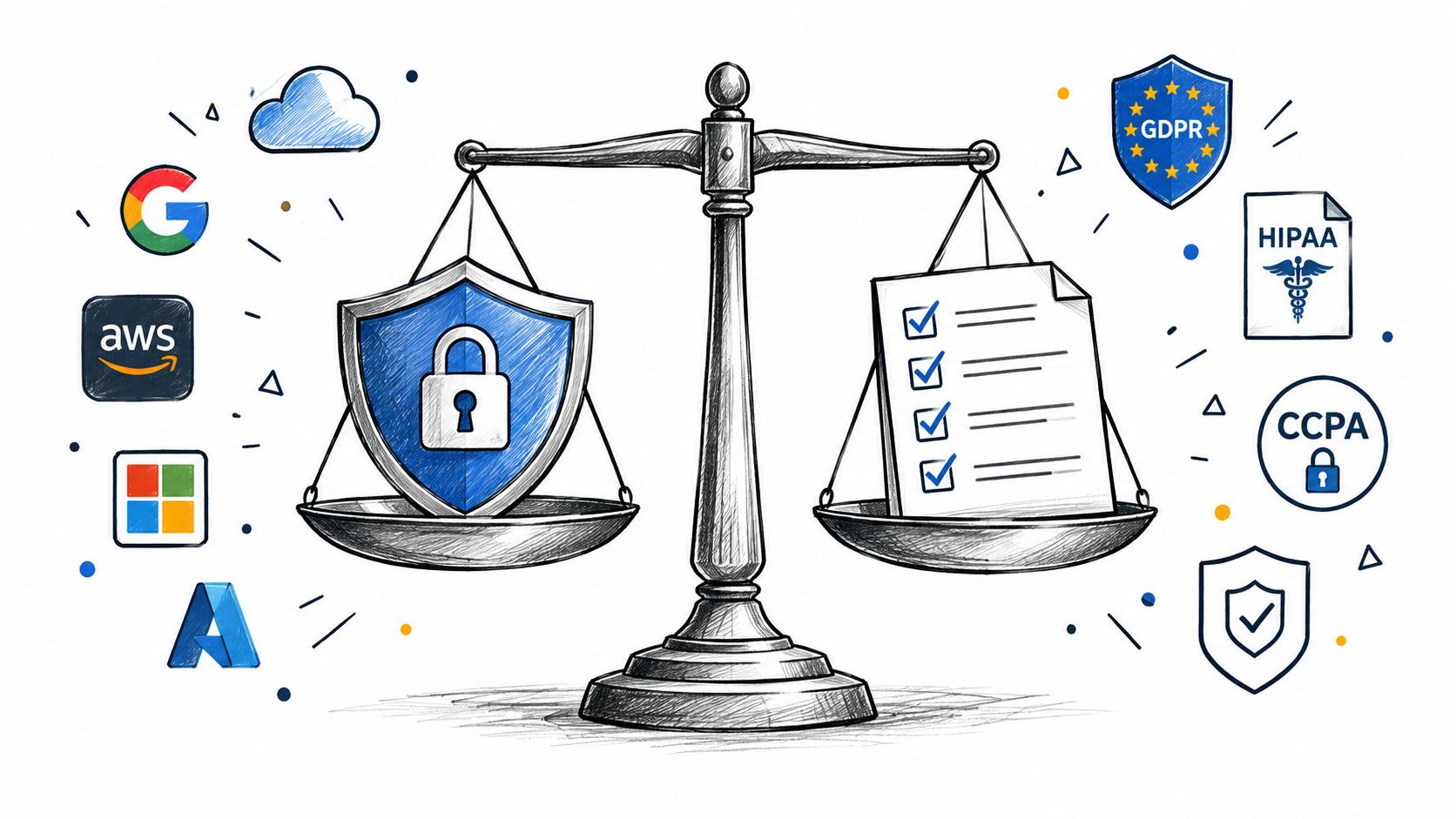 A scale weighing security shield icons against regulatory compliance checklists to represent data protection balance.