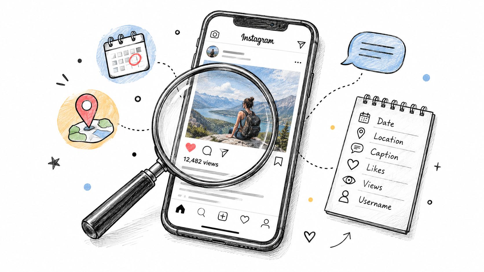 A magnifying glass inspecting an Instagram post surrounded by icons representing post data and metadata extraction.