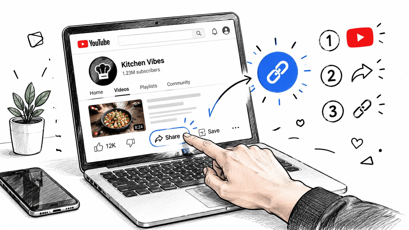 A hand clicking the share button on a YouTube video page to generate a video link.
