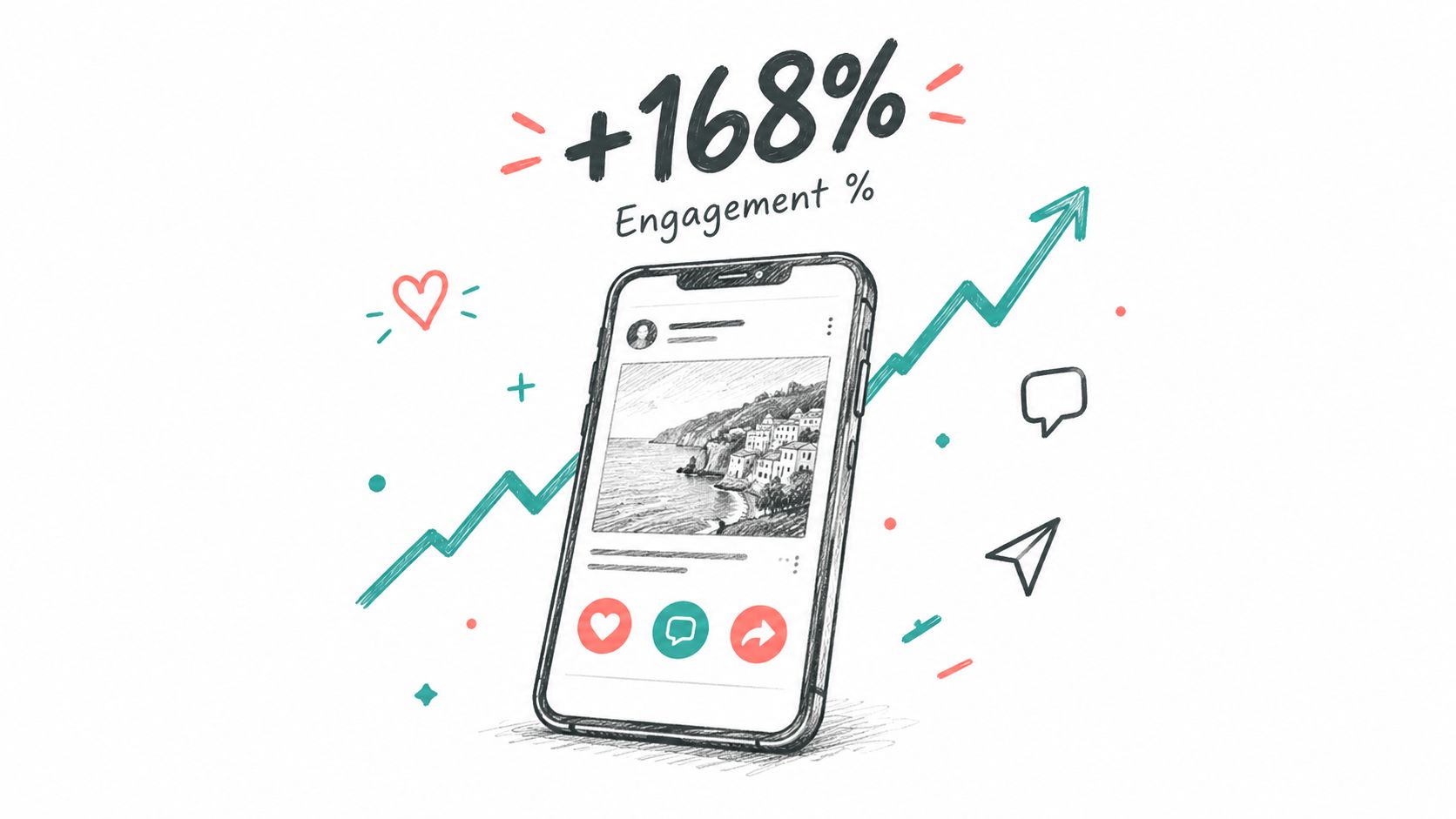 A hand-drawn sketch of a smartphone displaying a social media post with a rising growth chart.