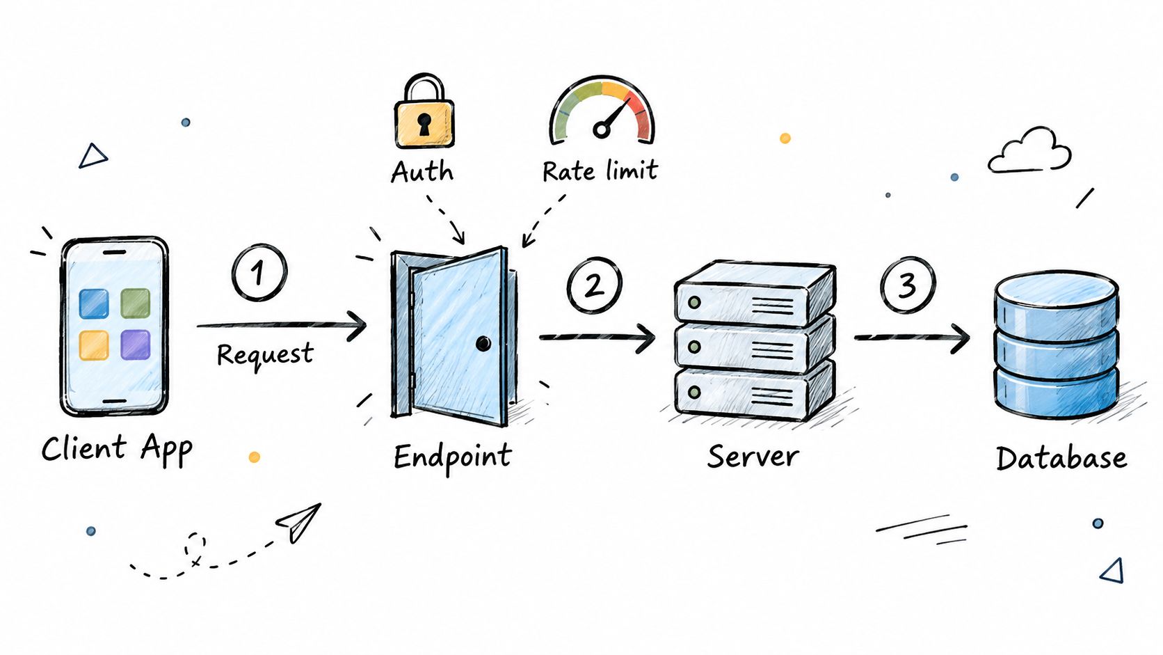 A diagram illustrating the flow of a data request from a client app through an API endpoint to a server and database.