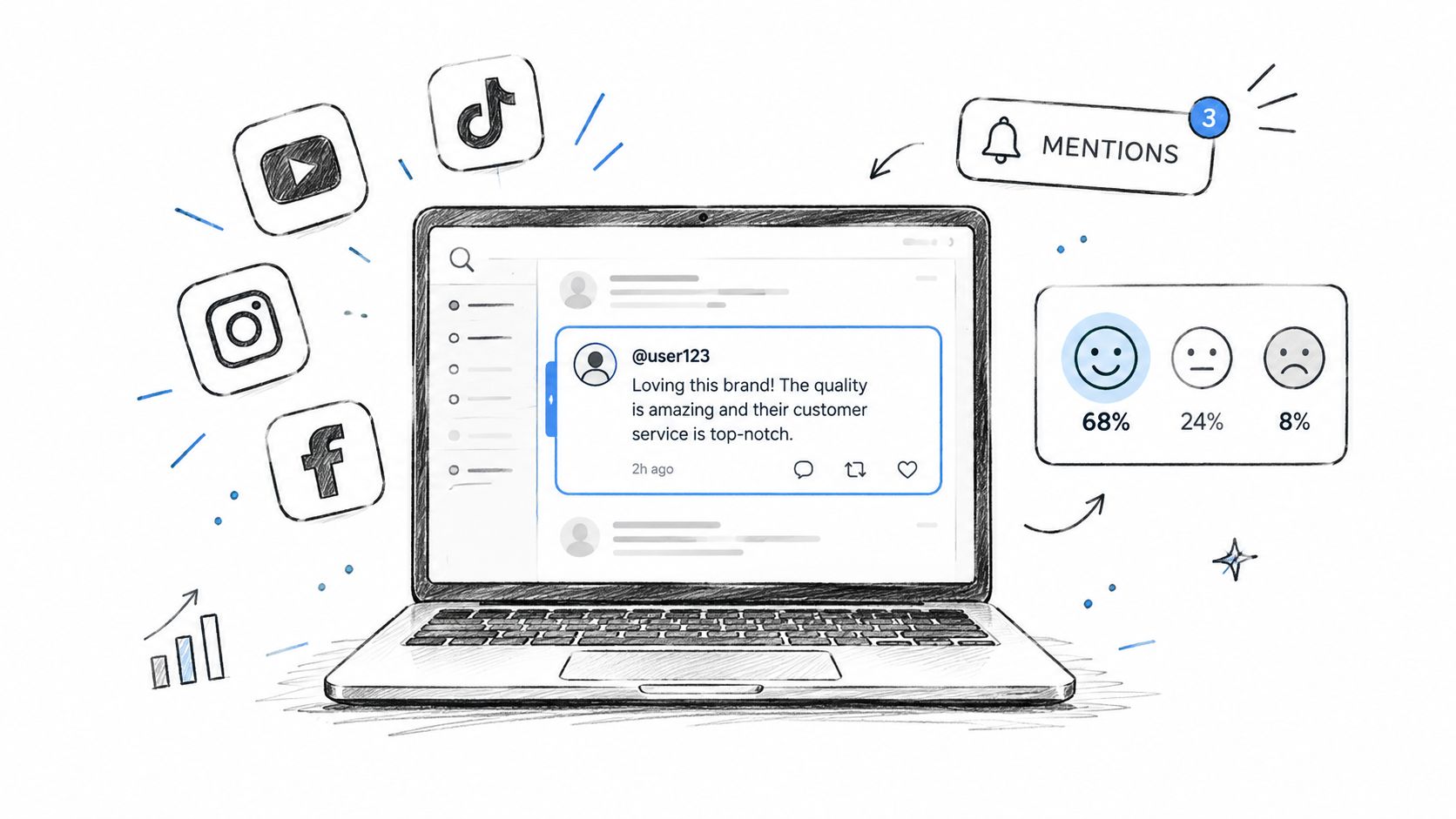 A sketched illustration of a laptop displaying social media mentions and customer sentiment analysis analytics.