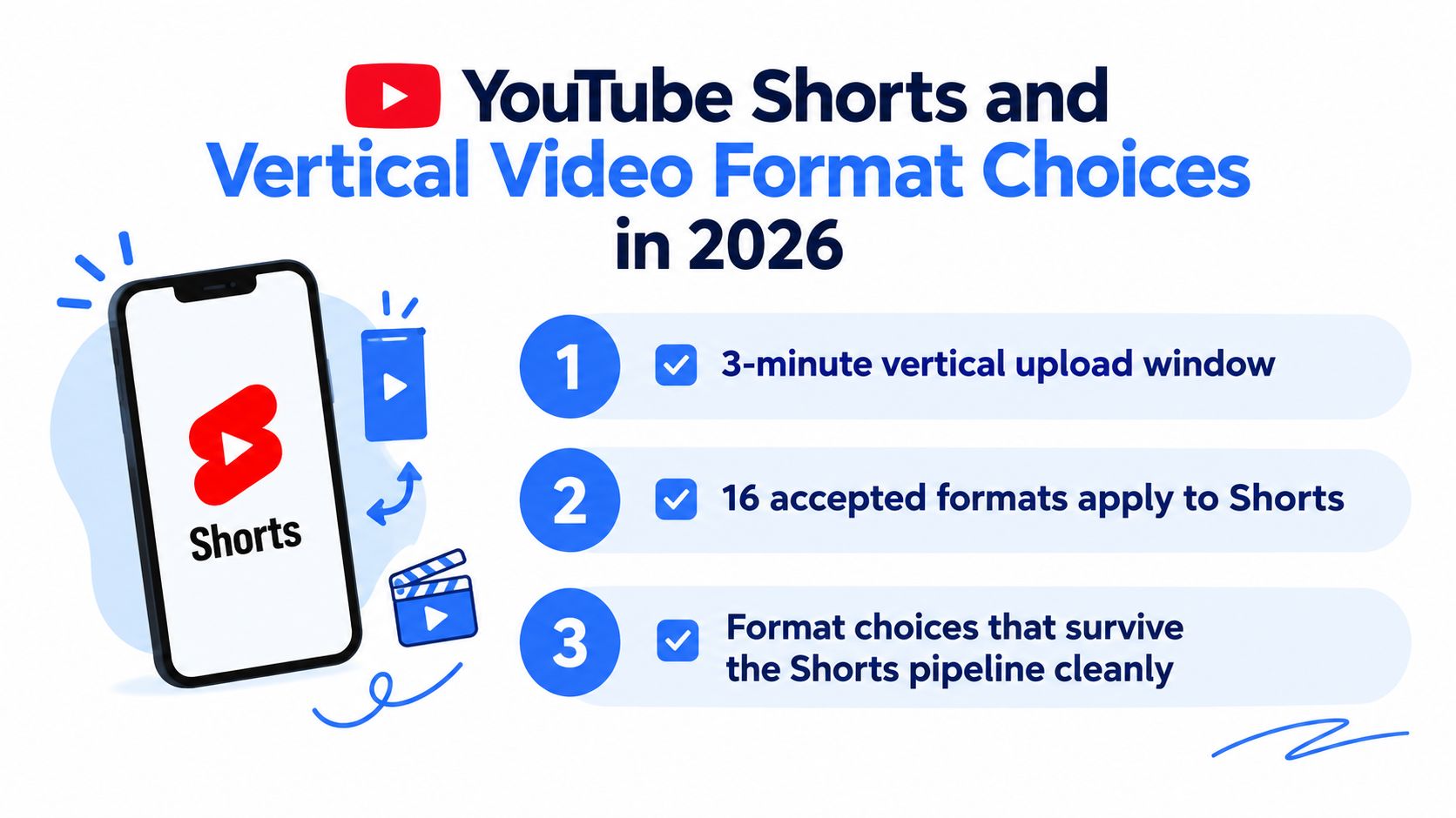An infographic titled YouTube Shorts and Vertical Video Format Choices in 2026 showing three key features.