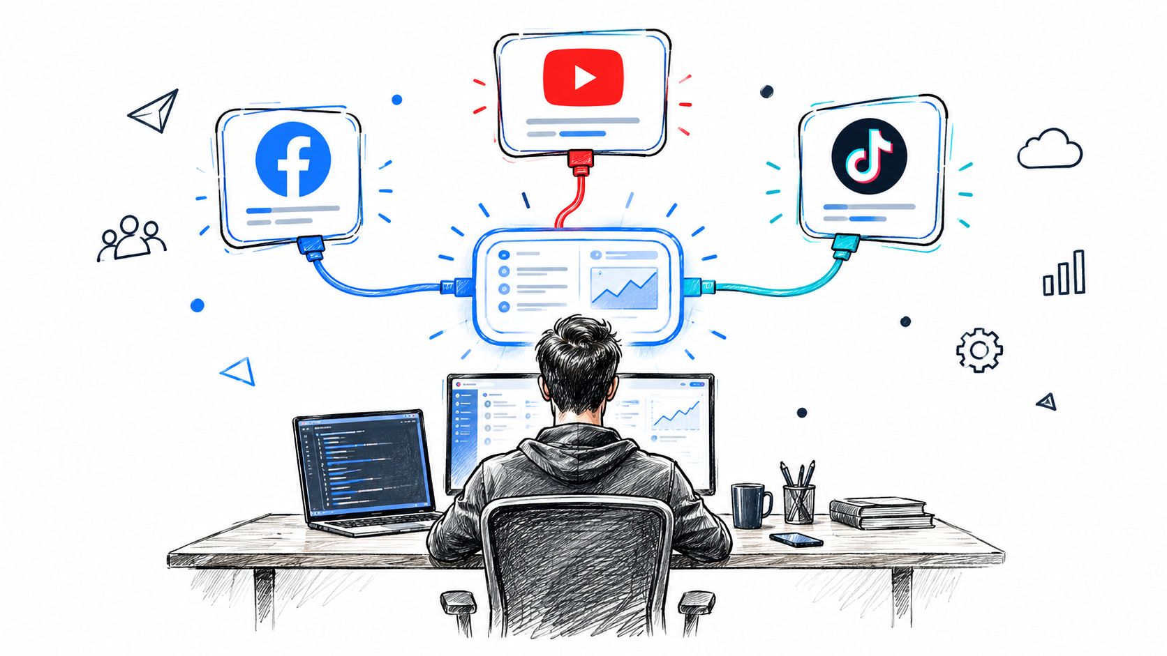 A digital artist or developer sitting at a desk managing data across Facebook, YouTube, and TikTok platforms.