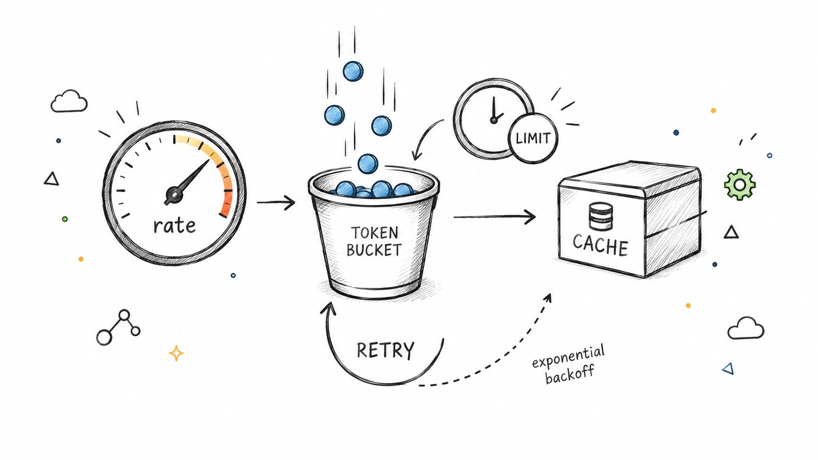 A conceptual diagram showing a token bucket rate limiting mechanism, cache, and a retry strategy with exponential backoff.