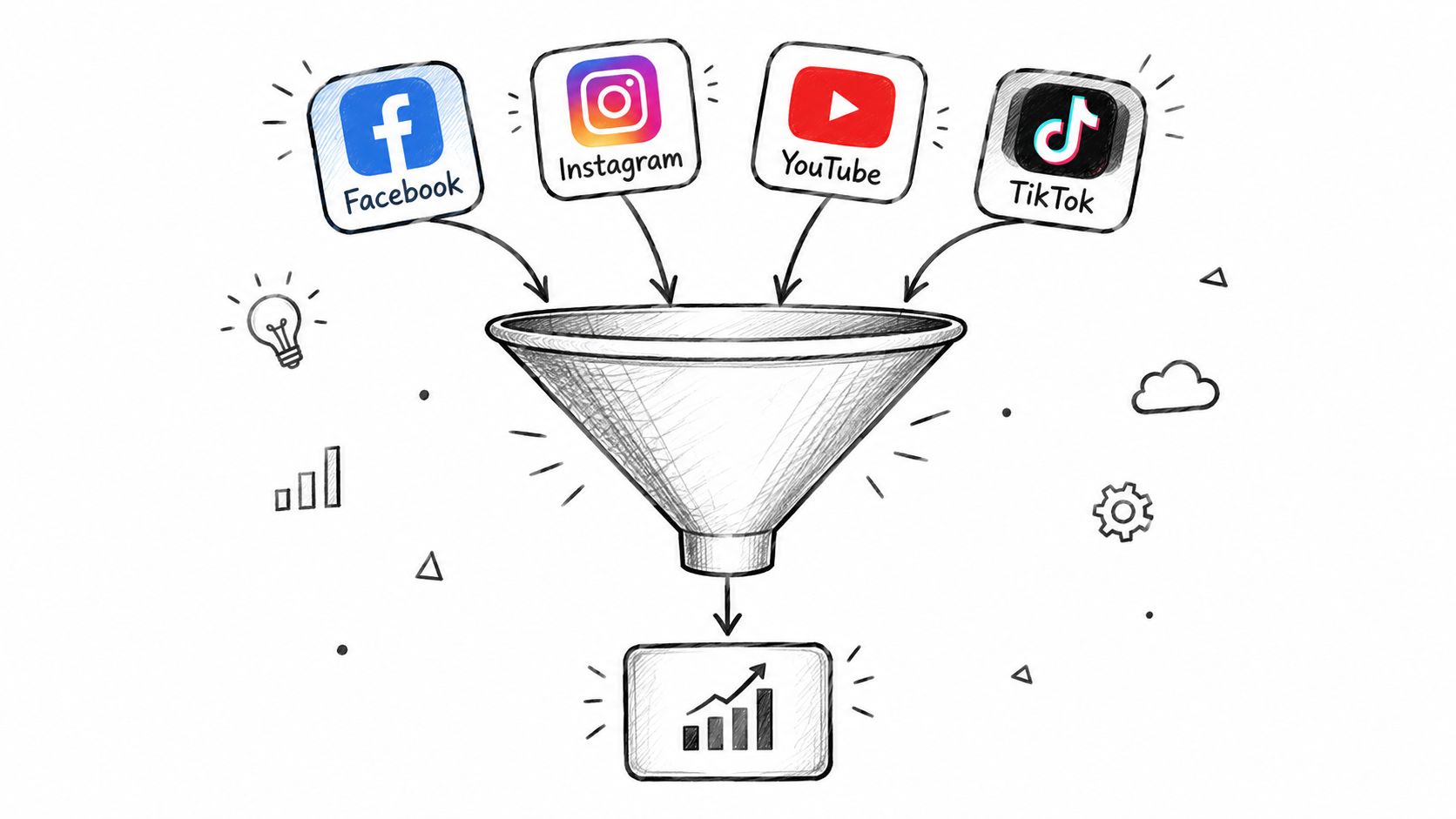 A hand-drawn illustration showing social media logos feeding into a funnel leading to a growth chart.