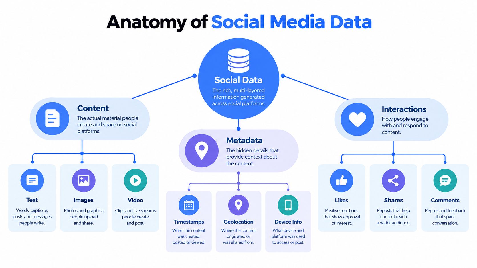 A diagram illustrating the anatomy of social media data, categorized into content, metadata, and user interactions.
