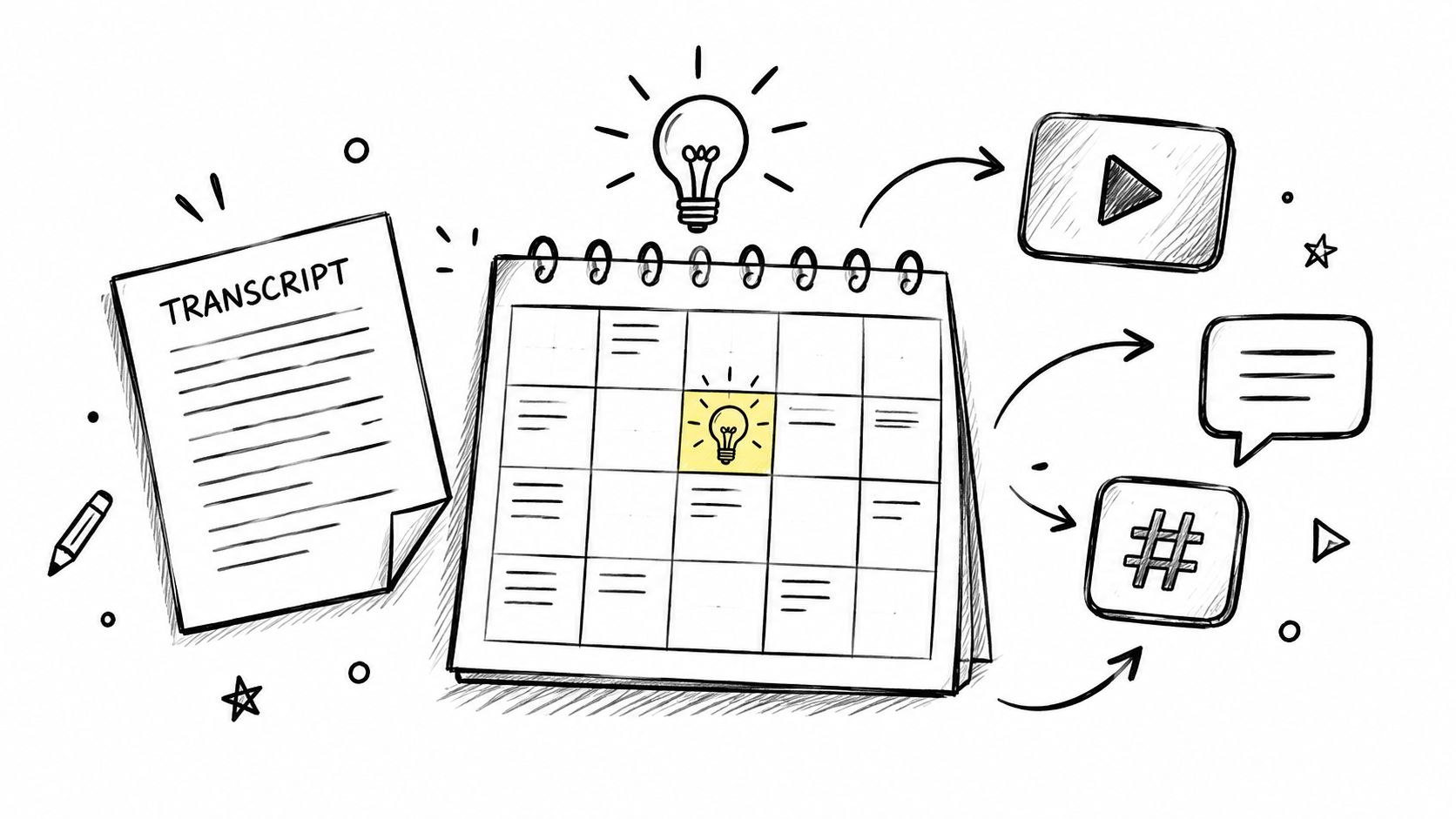 A hand-drawn illustration showing a content planning process involving a transcript, a calendar, and social media icons.