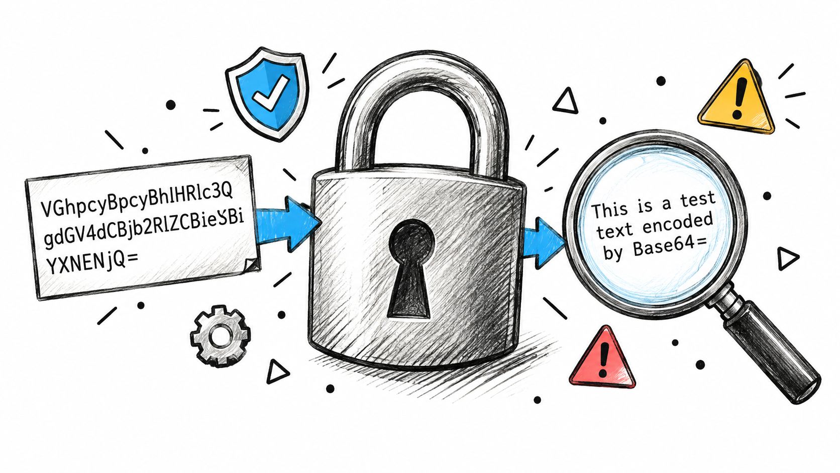 A hand-drawn illustration showing Base64 encoded text being decrypted through a padlock into readable text.