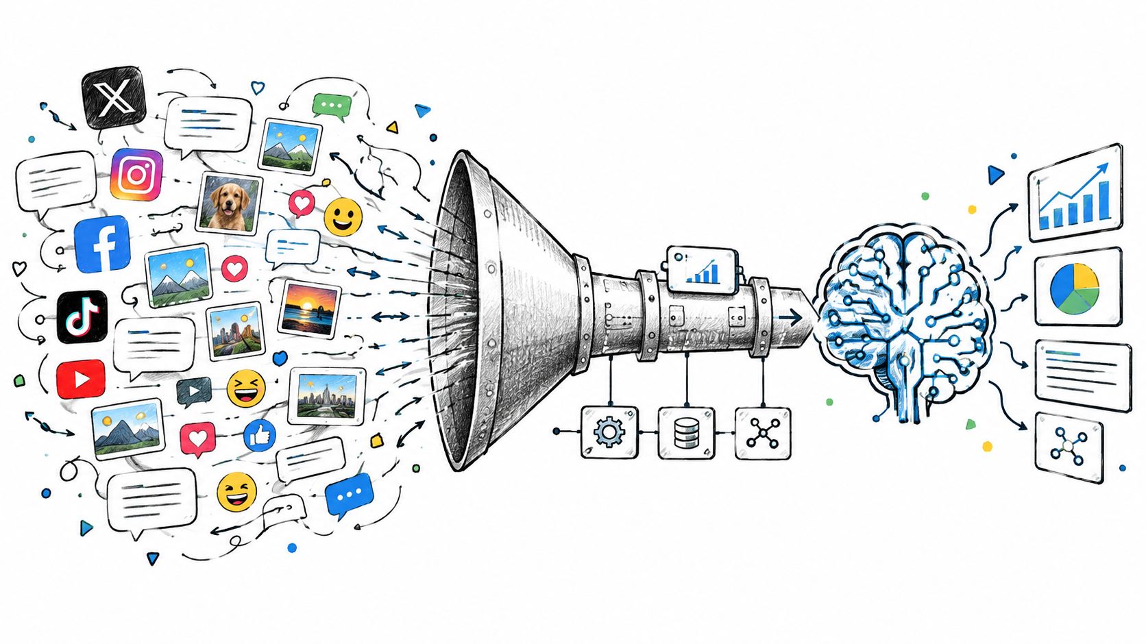 A conceptual diagram showing various social media icons and media feeding into a funnel processed by AI