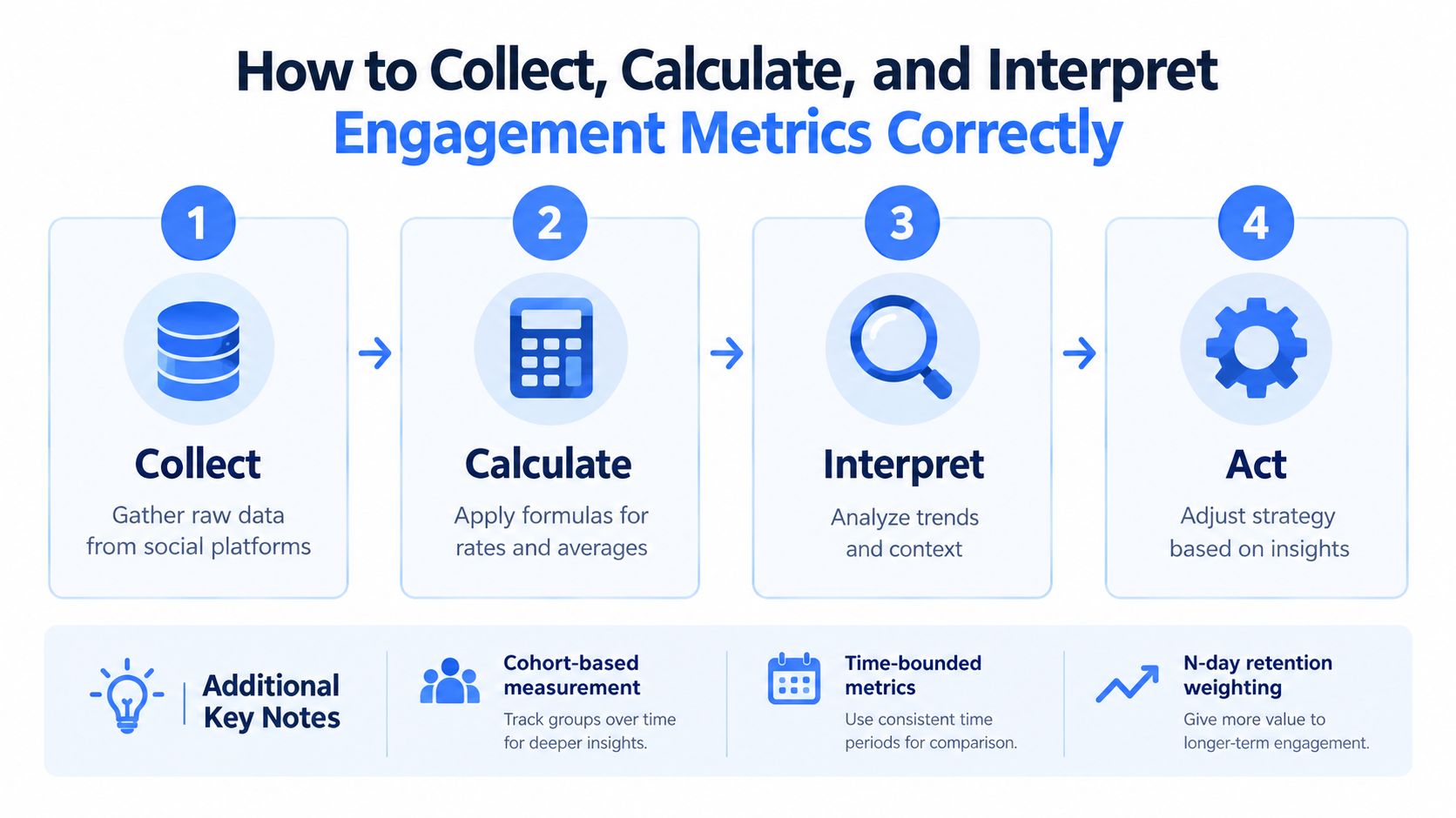 A four-step infographic illustrating how to collect, calculate, interpret, and act on social media engagement metrics.