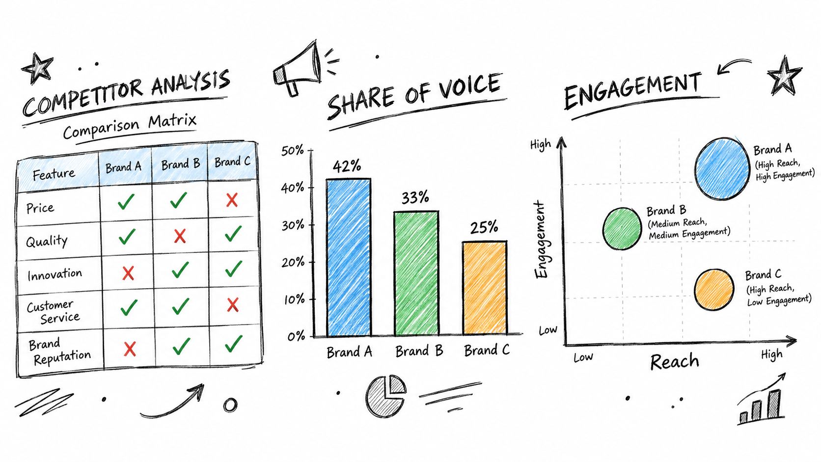 A hand-drawn business infographic showing a comparison matrix, share of voice bar chart, and engagement plot.