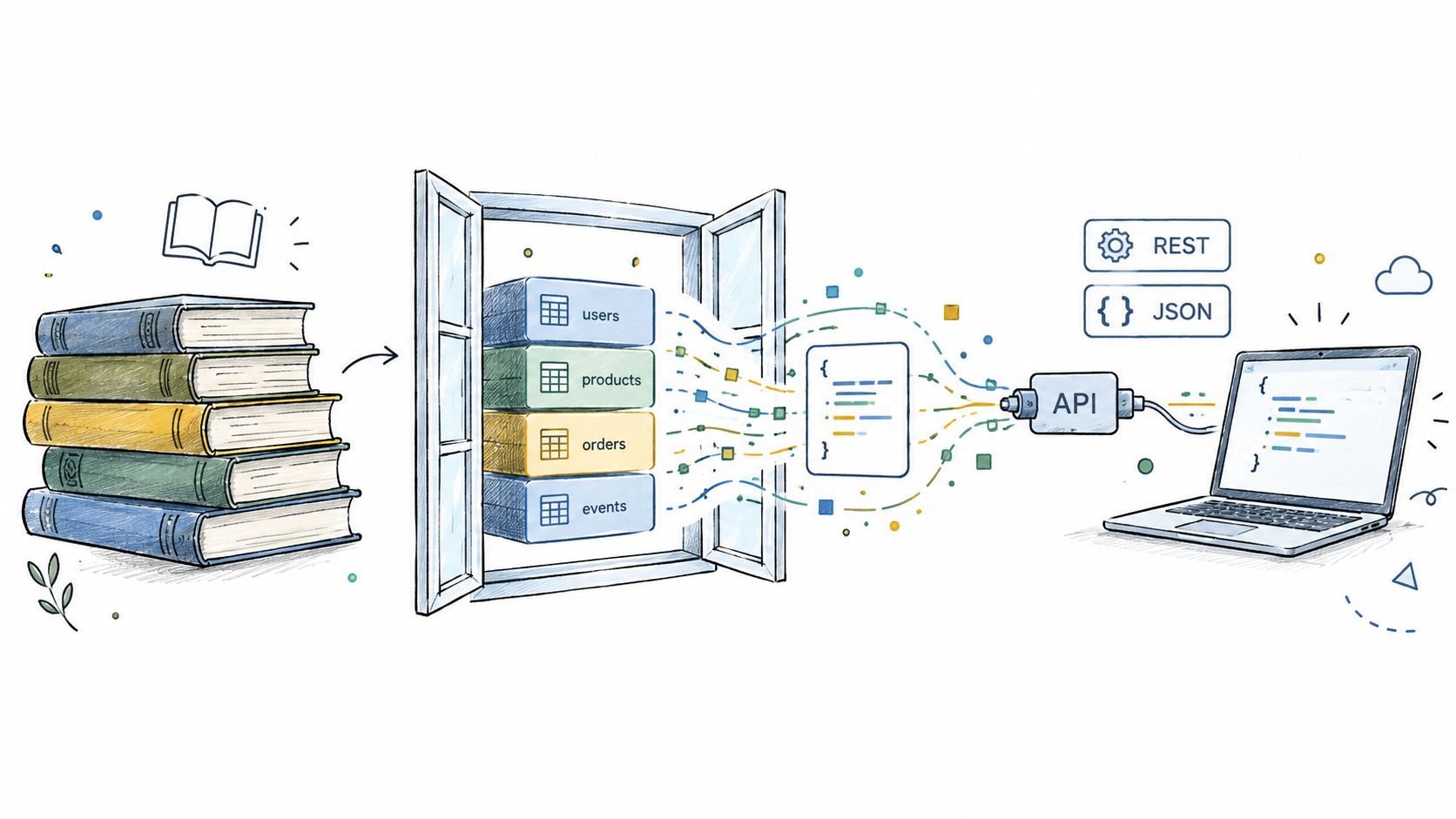 A conceptual illustration showing books transforming into structured data flowing through an API to a laptop.