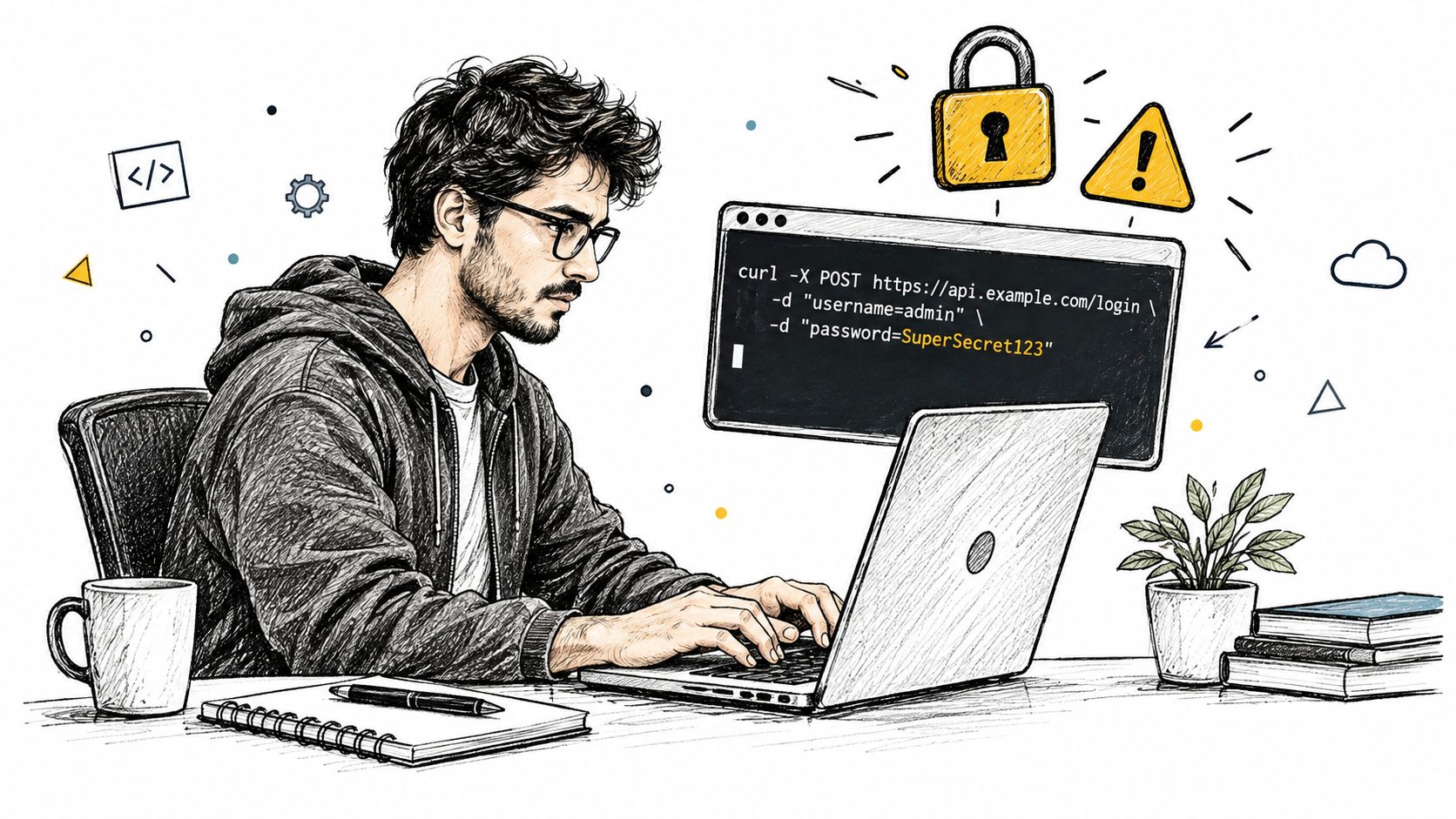 A sketched illustration of a focused developer typing command line code on a laptop with security symbols.