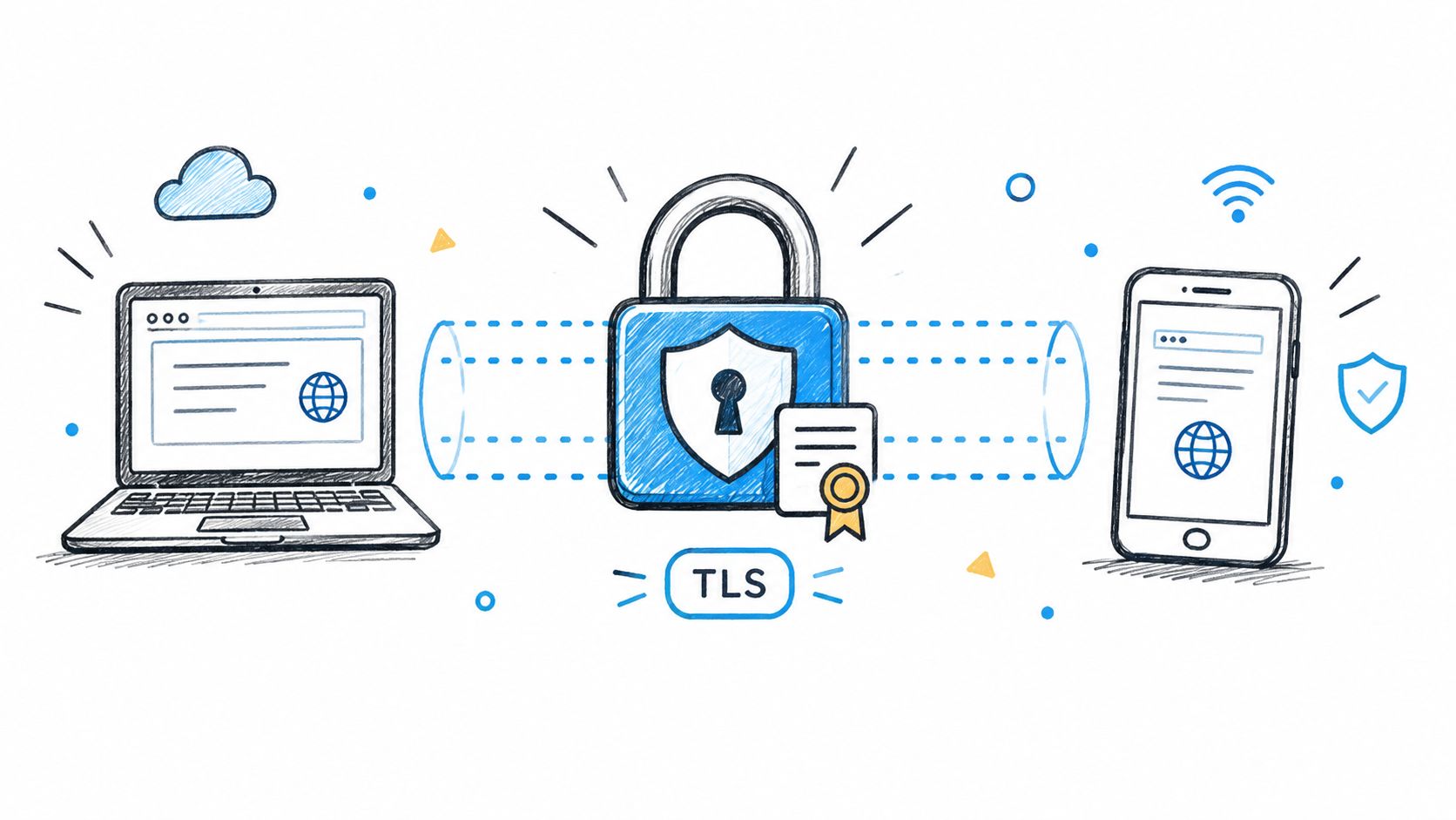 A hand-drawn illustration showing a laptop and smartphone connected through a secure TLS encrypted tunnel.