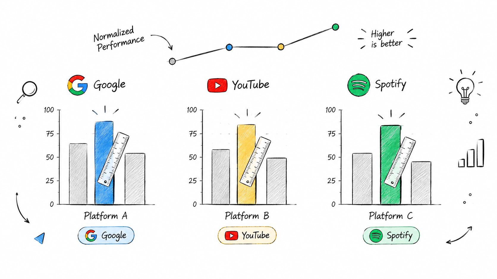 A sketched illustration comparing normalized performance metrics for Google, YouTube, and Spotify platforms using bar charts.
