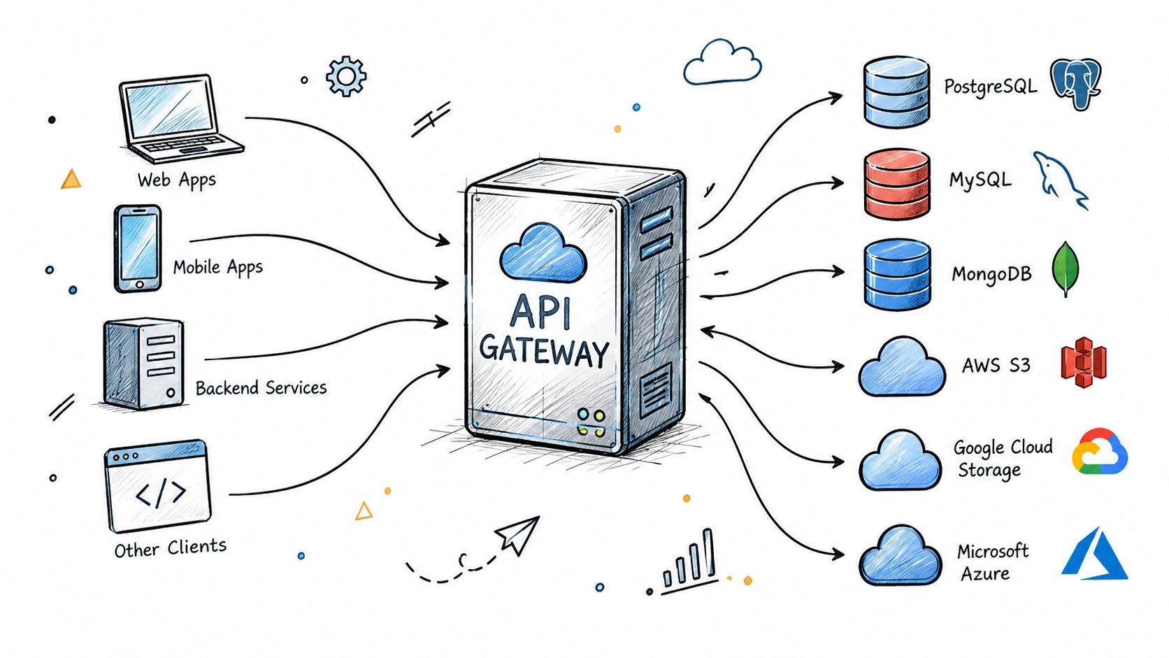 A hand-drawn illustration depicting an API Gateway acting as a central hub between various client devices and back-end services.