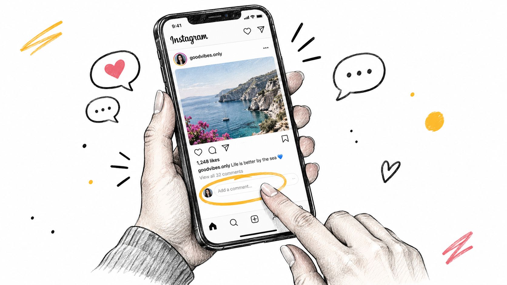 A hand holding a smartphone while tapping the comment section on an Instagram post about the sea.