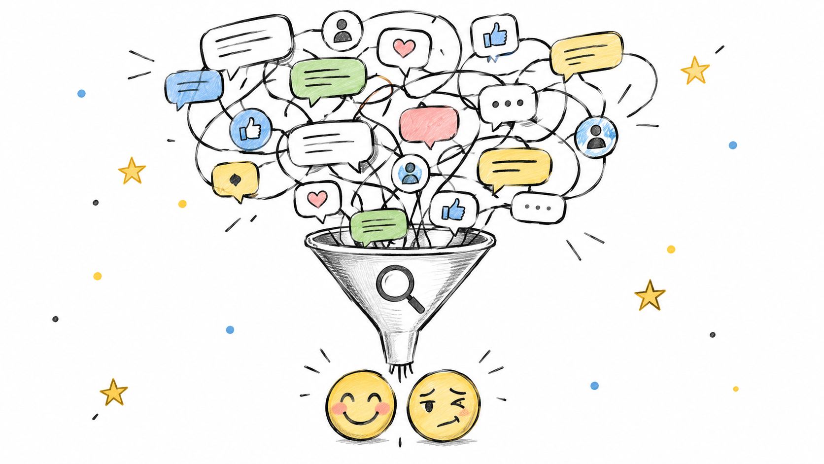 A hand-drawn illustration showing social media icons being filtered through a funnel into positive and neutral emojis.