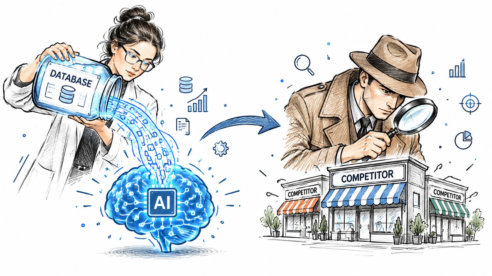 A conceptual illustration showing data from a database powering AI to analyze competitor business market trends.