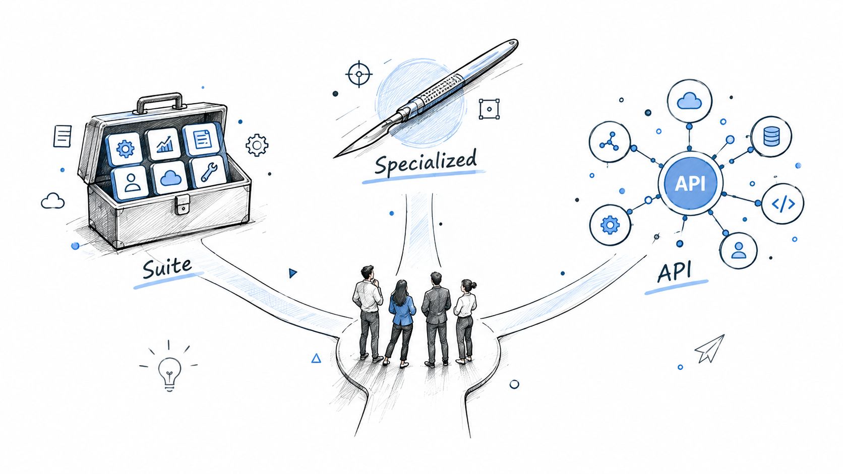 A conceptual illustration showing business people choosing between a software suite toolbox and specialized API integration solutions.