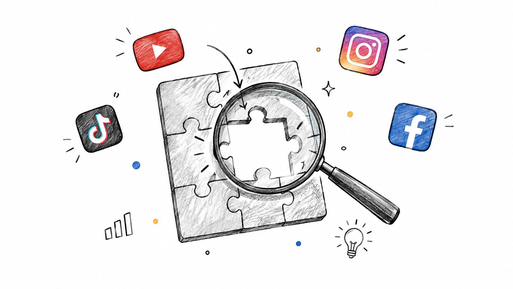 A magnifying glass examining a missing puzzle piece surrounded by various social media platform icons.