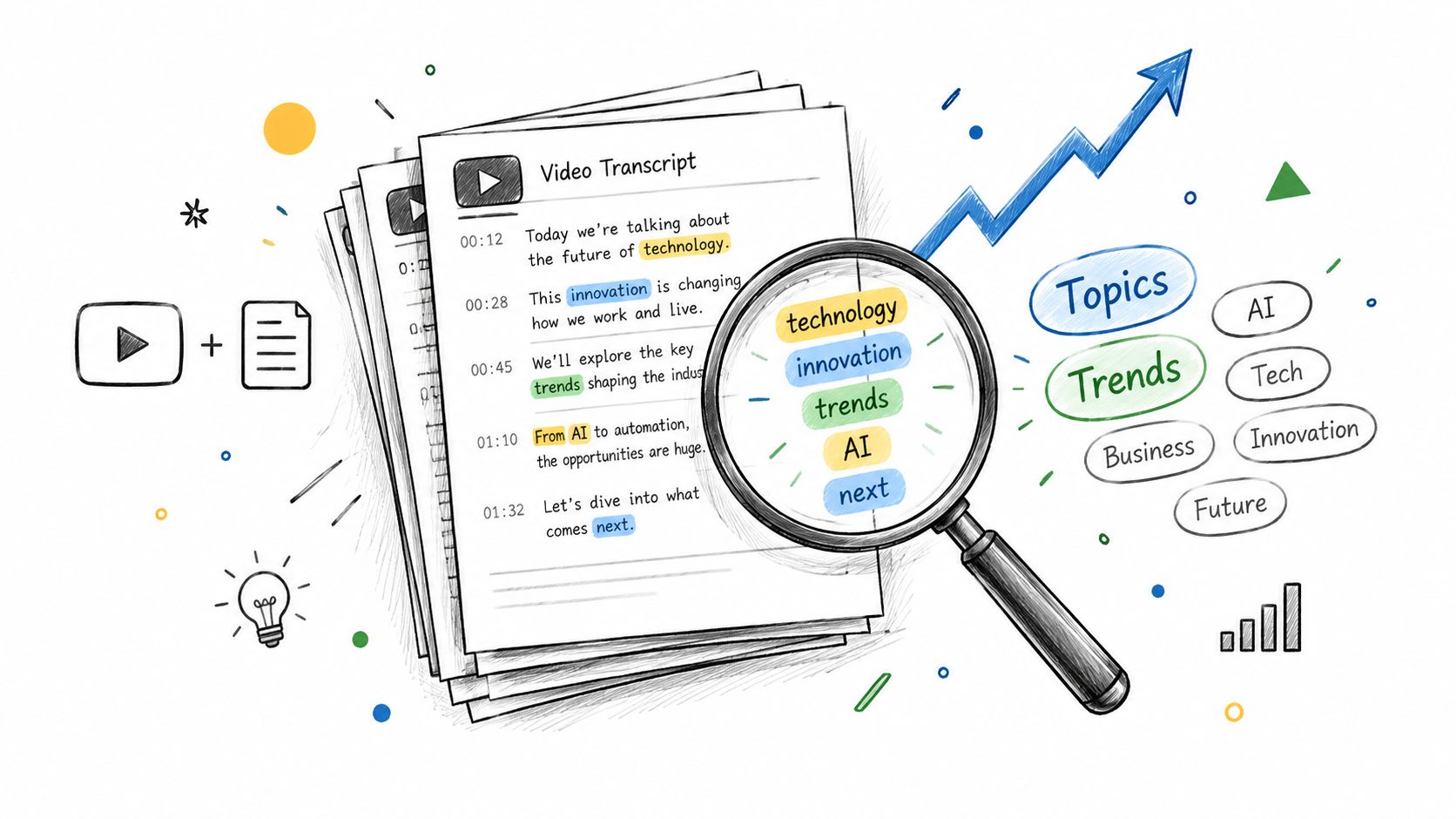 A magnifying glass inspecting key trends, innovation, and AI topics highlighted within a video transcript document.