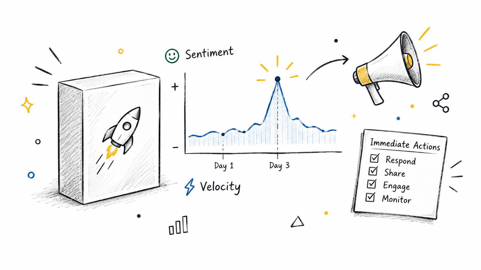 An infographic showing a product launch, a sentiment chart spike, and a checklist of immediate social actions.