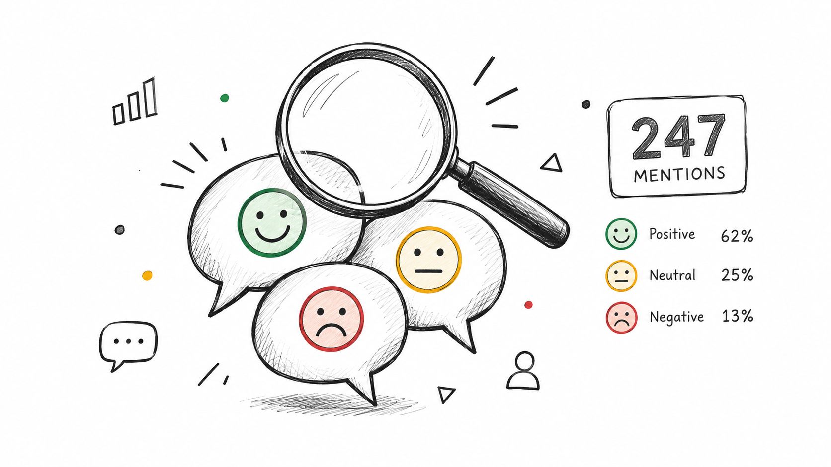 A hand-drawn illustration showing a magnifying glass over sentiment analysis icons with engagement statistics for mentions.