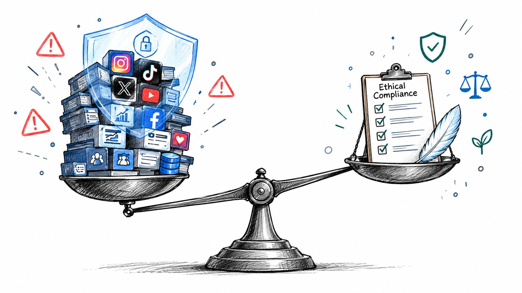 A conceptual illustration showing a scale balancing social media data protection with ethical compliance standards.