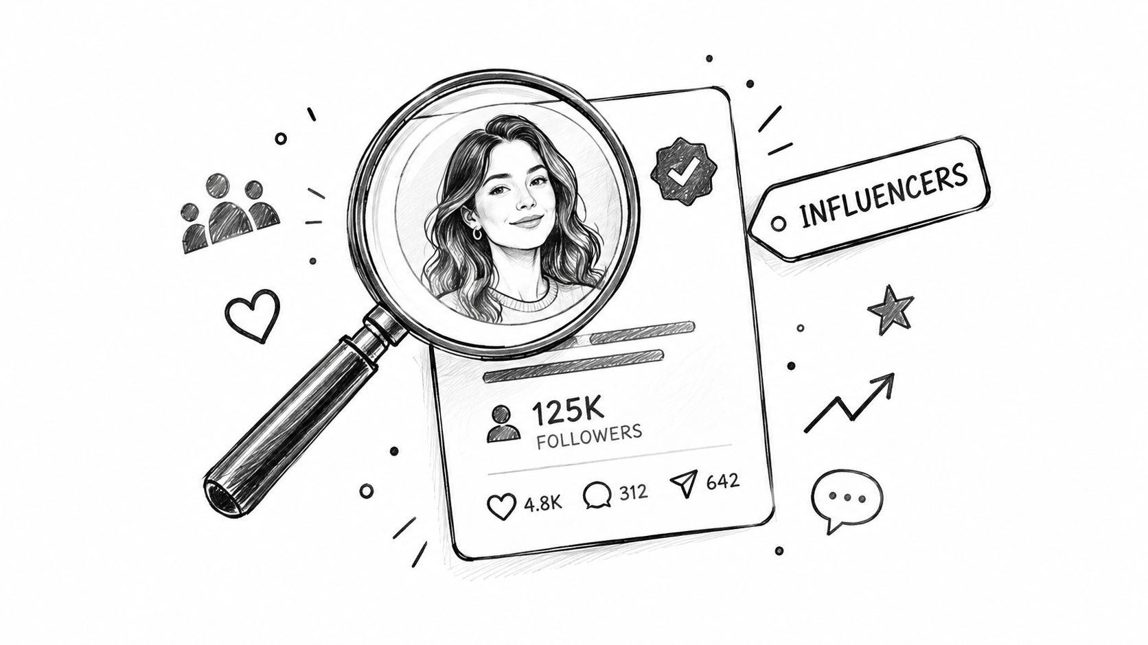 A pencil sketch of an influencer profile page being examined through a magnifying glass for marketing.